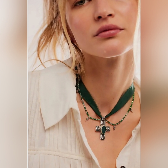Free People, Lola Choker ( Beaded/Ribbon/Metal) - Green, NWT! - Picture 1 of 5